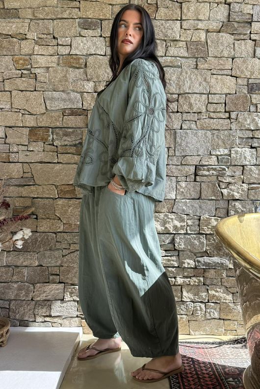 Inga Stretch Poplin Cotton Barrel Pant Khaki